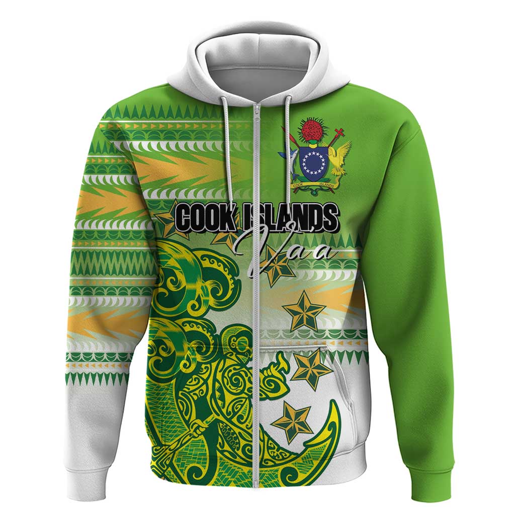 Personalised Cook Islands Va'a Race Zip Hoodie Te Tatau Tattoos Sporty Style Green-White Color - Polynesian Pride