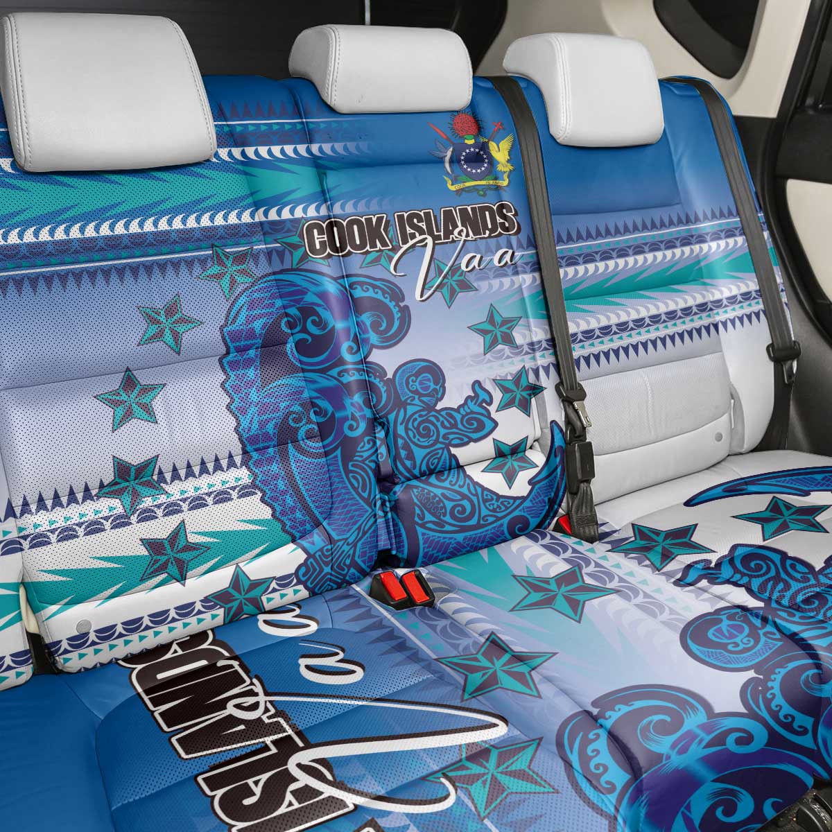 Cook Islands Va'a Race Back Car Seat Cover Te Tatau Tattoos Sporty Style Light Blue Color - Polynesian Pride