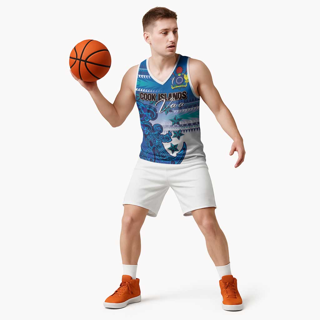 Personalised Cook Islands Va'a Race Basketball Jersey Te Tatau Tattoos Sporty Style Light Blue Color - Polynesian Pride