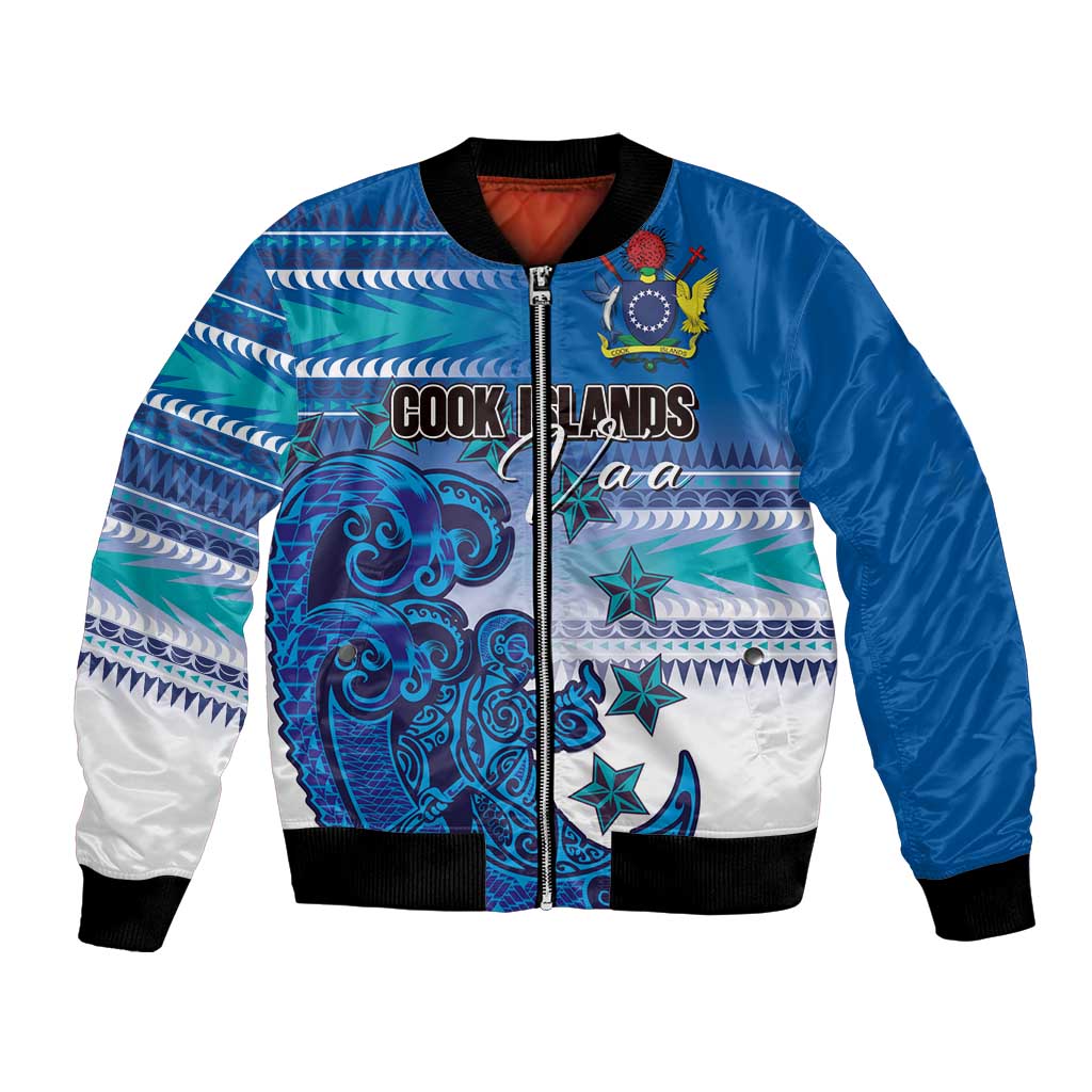 Personalised Cook Islands Va'a Race Bomber Jacket Te Tatau Tattoos Sporty Style Light Blue Color - Polynesian Pride