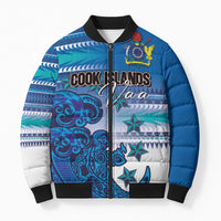 Personalised Cook Islands Va'a Race Bomber Puffer Jacket Te Tatau Tattoos Sporty Style Light Blue Color - Polynesian Pride