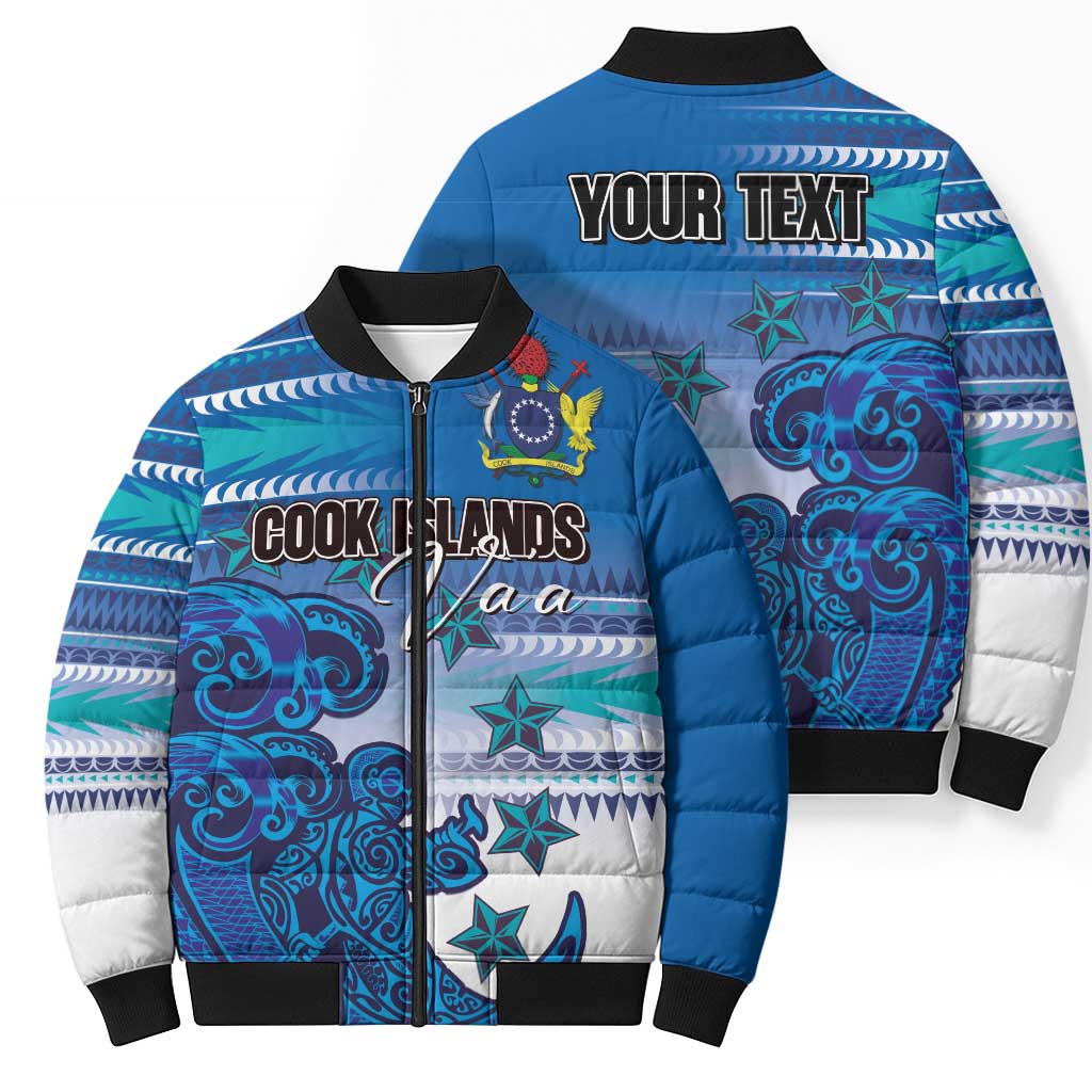 Personalised Cook Islands Va'a Race Bomber Puffer Jacket Te Tatau Tattoos Sporty Style Light Blue Color - Polynesian Pride