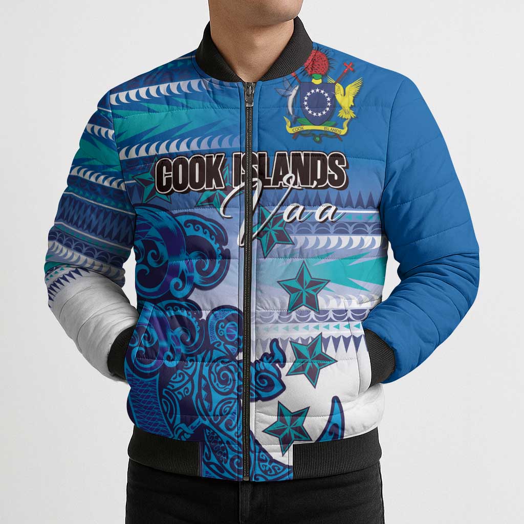 Personalised Cook Islands Va'a Race Bomber Puffer Jacket Te Tatau Tattoos Sporty Style Light Blue Color - Polynesian Pride