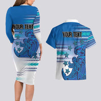 Personalised Cook Islands Va'a Race Couples Matching Long Sleeve Bodycon Dress and Hawaiian Shirt Te Tatau Tattoos Sporty Style Light Blue Color - Polynesian Pride