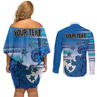 Personalised Cook Islands Va'a Race Couples Matching Off Shoulder Short Dress and Long Sleeve Button Shirt Te Tatau Tattoos Sporty Style Light Blue Color - Polynesian Pride