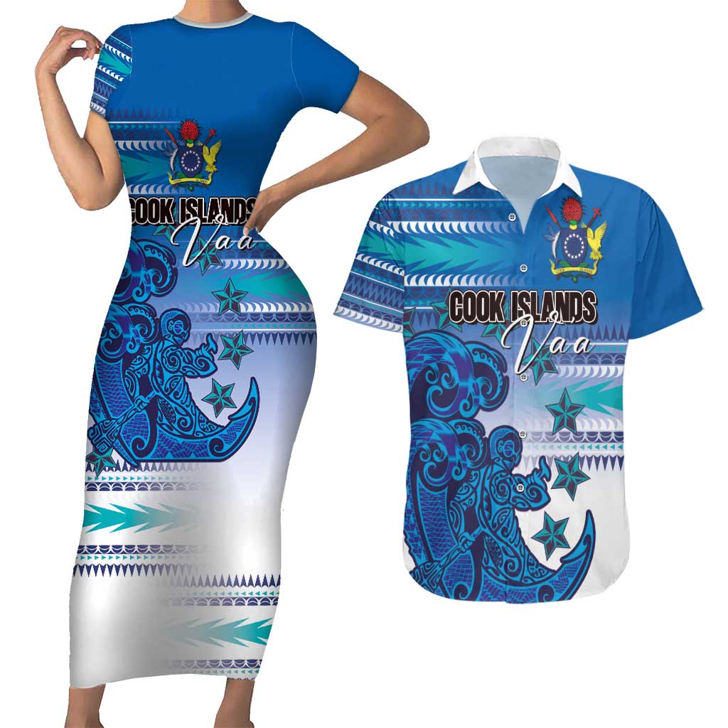 Personalised Cook Islands Va'a Race Couples Matching Short Sleeve Bodycon Dress and Hawaiian Shirt Te Tatau Tattoos Sporty Style Light Blue Color - Polynesian Pride