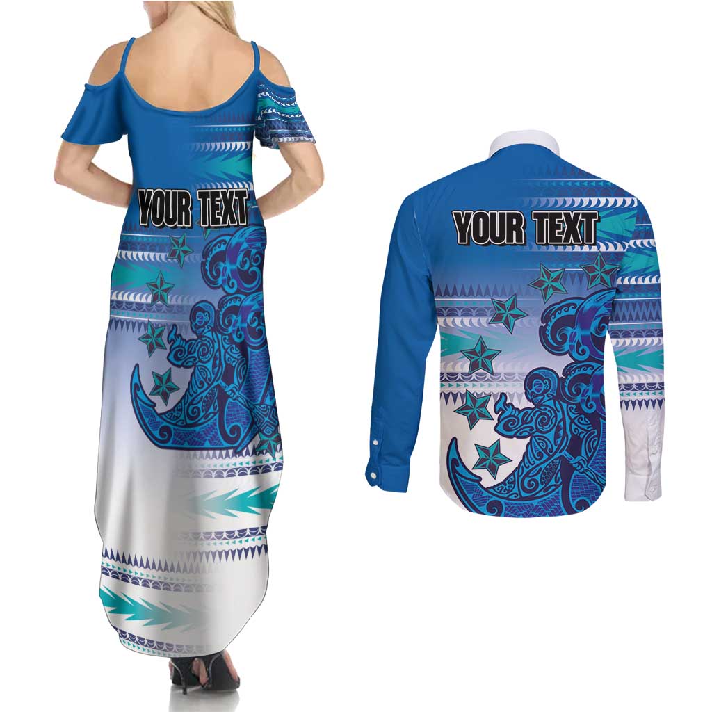 Personalised Cook Islands Va'a Race Couples Matching Summer Maxi Dress and Long Sleeve Button Shirt Te Tatau Tattoos Sporty Style Light Blue Color - Polynesian Pride