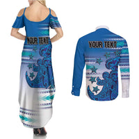 Personalised Cook Islands Va'a Race Couples Matching Summer Maxi Dress and Long Sleeve Button Shirt Te Tatau Tattoos Sporty Style Light Blue Color - Polynesian Pride