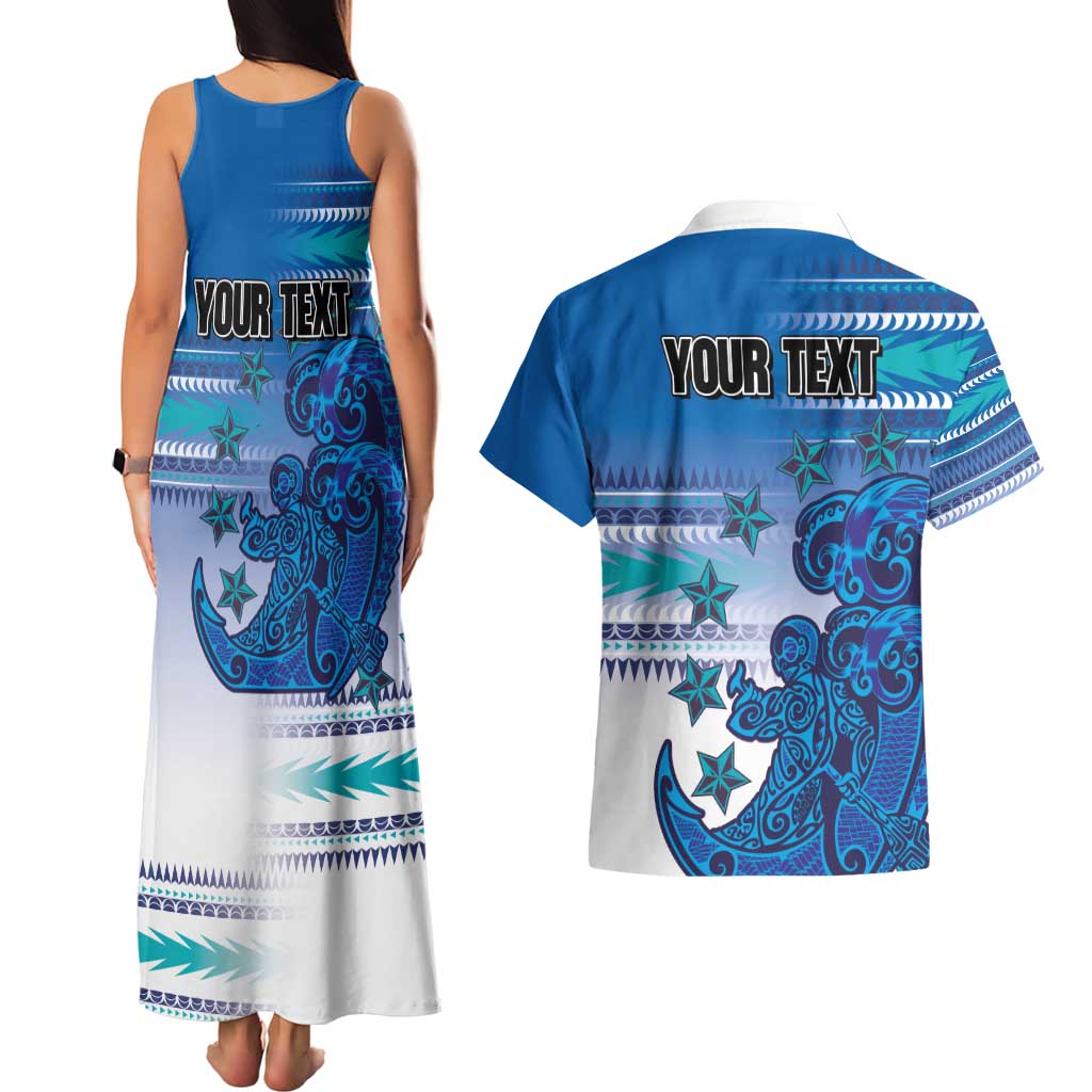 Personalised Cook Islands Va'a Race Couples Matching Tank Maxi Dress and Hawaiian Shirt Te Tatau Tattoos Sporty Style Light Blue Color - Polynesian Pride