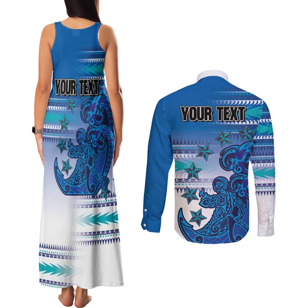 Personalised Cook Islands Va'a Race Couples Matching Tank Maxi Dress and Long Sleeve Button Shirt Te Tatau Tattoos Sporty Style Light Blue Color - Polynesian Pride