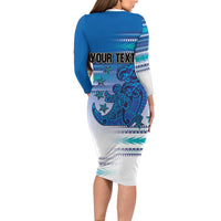 Personalised Cook Islands Va'a Race Family Matching Long Sleeve Bodycon Dress and Hawaiian Shirt Te Tatau Tattoos Sporty Style Light Blue Color - Polynesian Pride