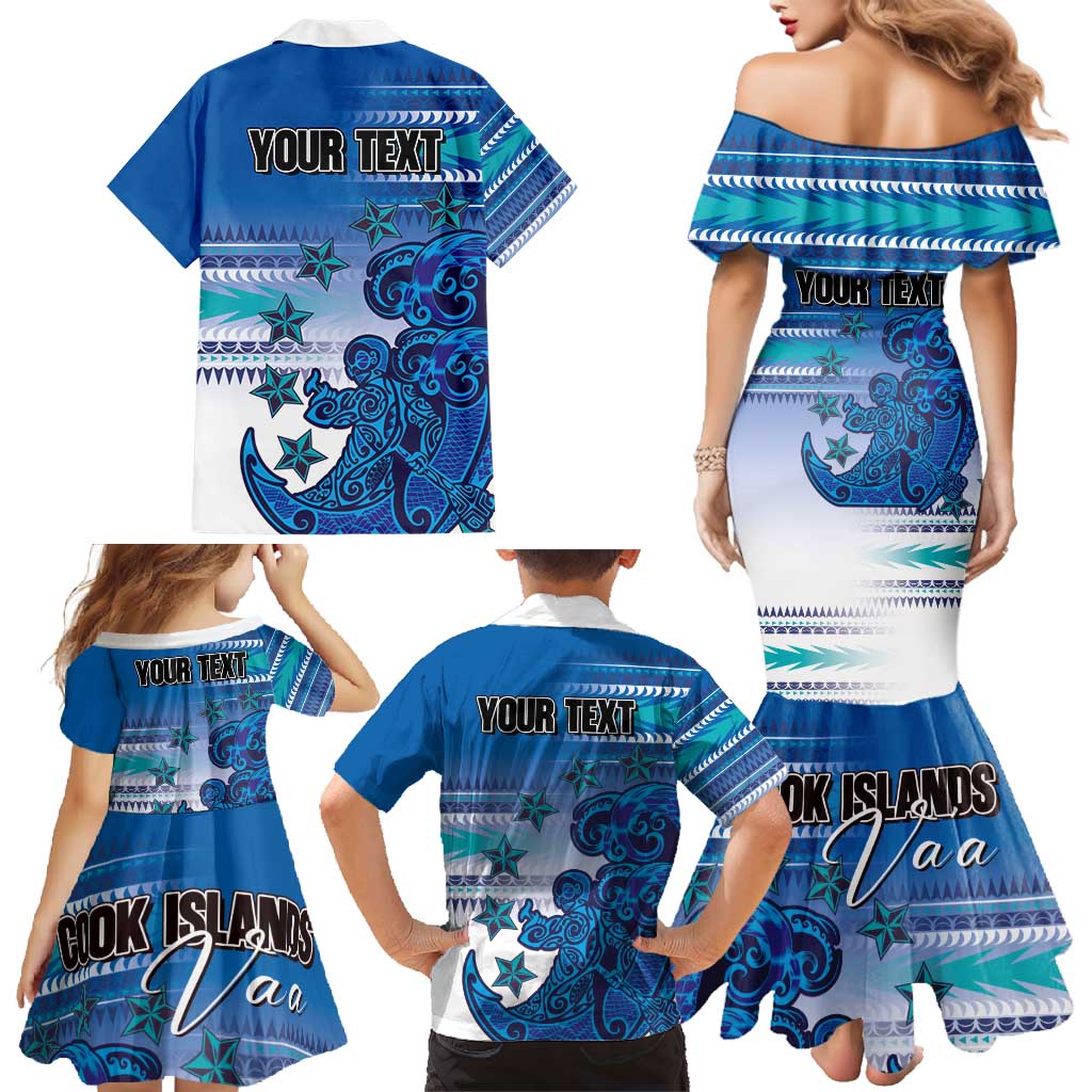 Personalised Cook Islands Va'a Race Family Matching Mermaid Dress and Hawaiian Shirt Te Tatau Tattoos Sporty Style Light Blue Color - Polynesian Pride