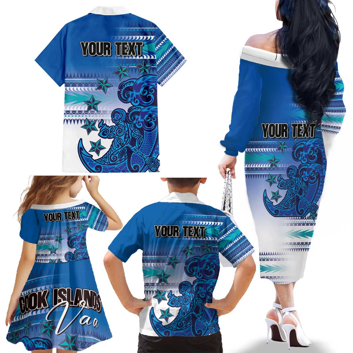 Personalised Cook Islands Va'a Race Family Matching Off The Shoulder Long Sleeve Dress and Hawaiian Shirt Te Tatau Tattoos Sporty Style Light Blue Color - Polynesian Pride