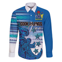 Personalised Cook Islands Va'a Race Family Matching Off The Shoulder Long Sleeve Dress and Hawaiian Shirt Te Tatau Tattoos Sporty Style Light Blue Color - Polynesian Pride