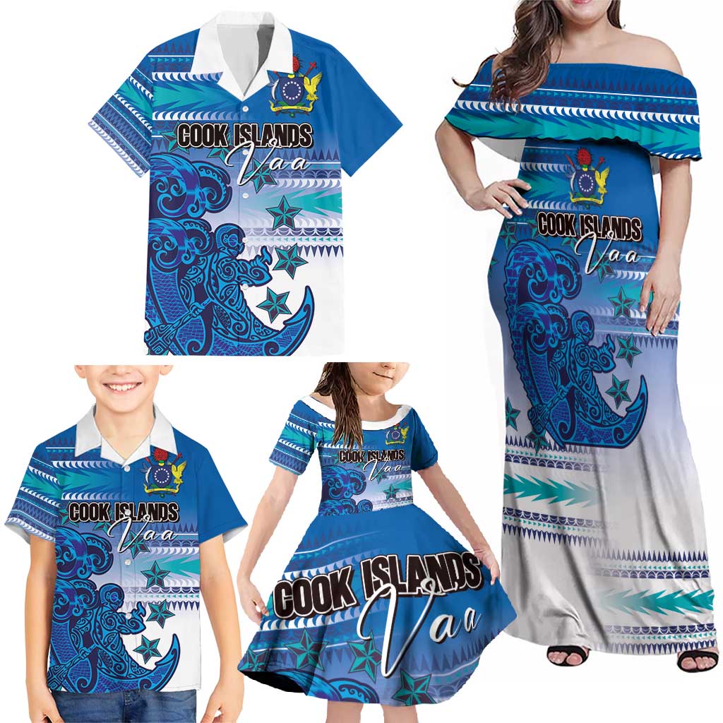 Personalised Cook Islands Va'a Race Family Matching Off Shoulder Maxi Dress and Hawaiian Shirt Te Tatau Tattoos Sporty Style Light Blue Color - Polynesian Pride