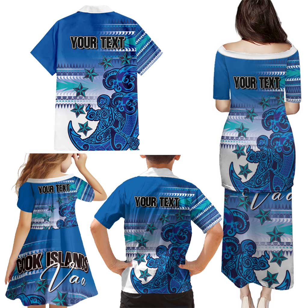 Personalised Cook Islands Va'a Race Family Matching Puletasi and Hawaiian Shirt Te Tatau Tattoos Sporty Style Light Blue Color - Polynesian Pride