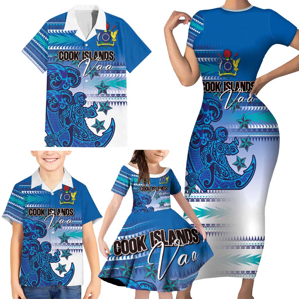 Personalised Cook Islands Va'a Race Family Matching Short Sleeve Bodycon Dress and Hawaiian Shirt Te Tatau Tattoos Sporty Style Light Blue Color - Polynesian Pride