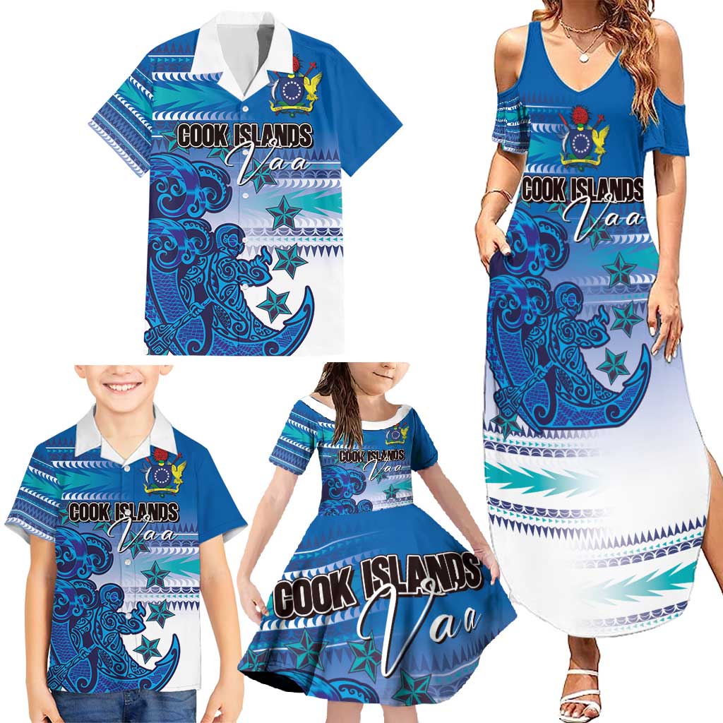 Personalised Cook Islands Va'a Race Family Matching Summer Maxi Dress and Hawaiian Shirt Te Tatau Tattoos Sporty Style Light Blue Color - Polynesian Pride