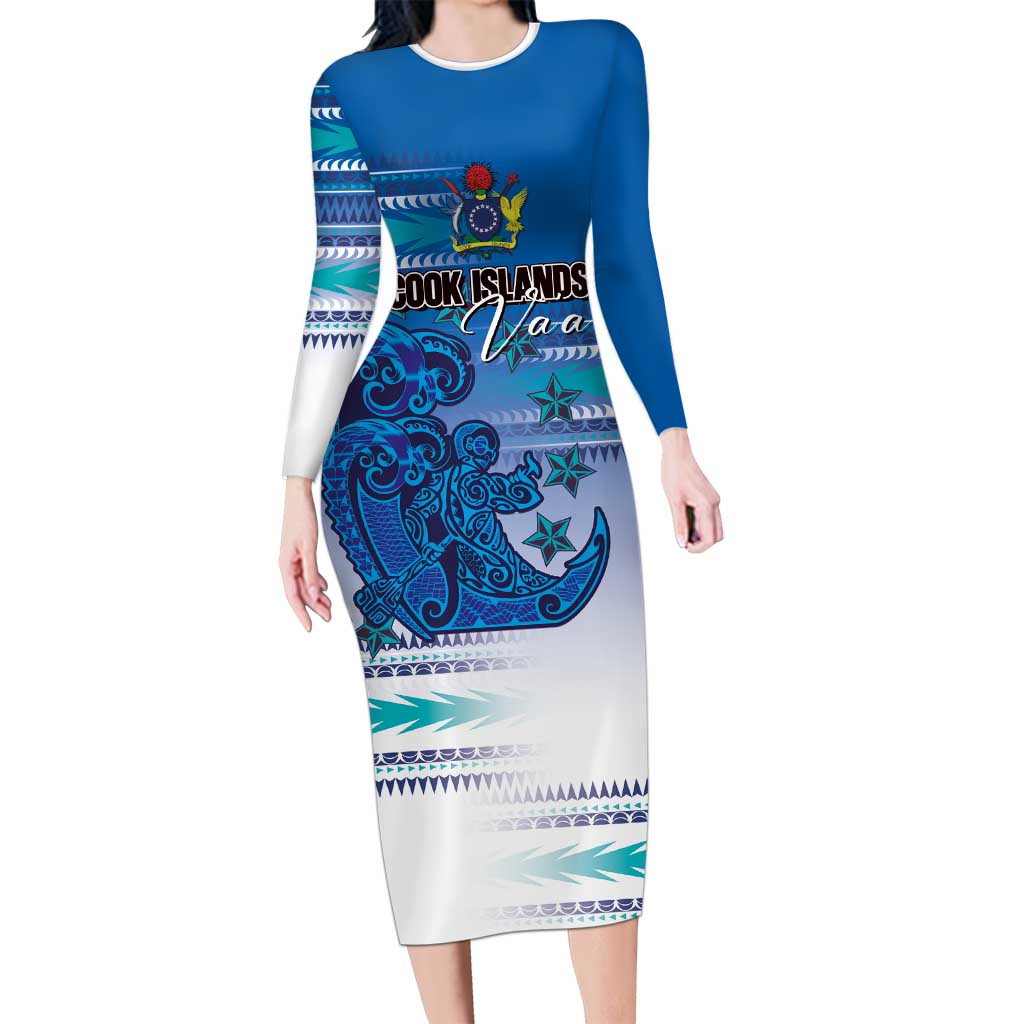 Personalised Cook Islands Va'a Race Long Sleeve Bodycon Dress Te Tatau Tattoos Sporty Style Light Blue Color - Polynesian Pride