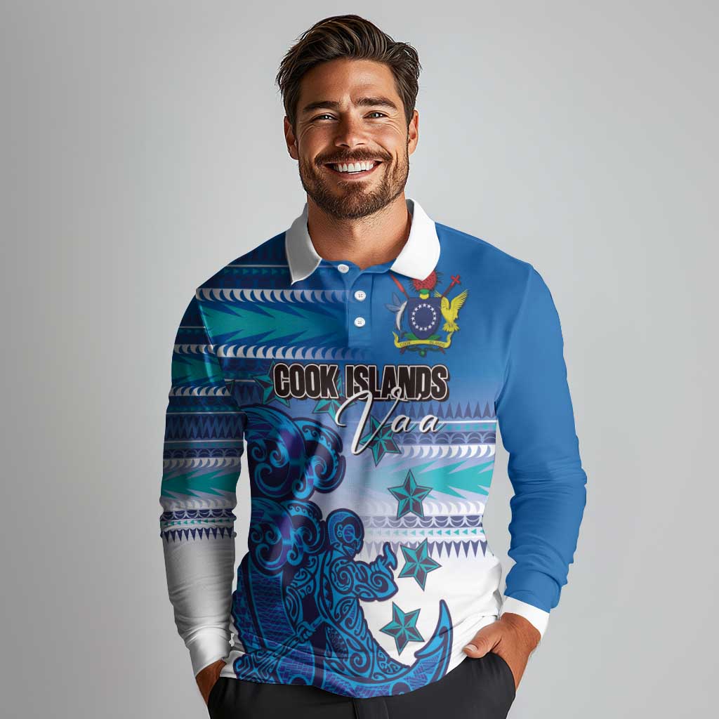 Personalised Cook Islands Va'a Race Long Sleeve Polo Shirt Te Tatau Tattoos Sporty Style Light Blue Color - Polynesian Pride