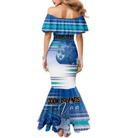 Personalised Cook Islands Va'a Race Mermaid Dress Te Tatau Tattoos Sporty Style Light Blue Color - Polynesian Pride