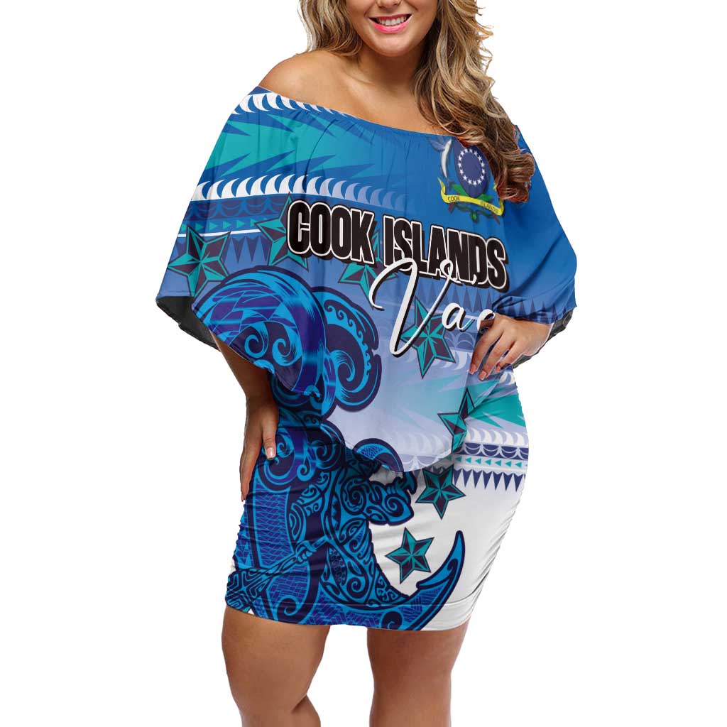 Personalised Cook Islands Va'a Race Off Shoulder Short Dress Te Tatau Tattoos Sporty Style Light Blue Color - Polynesian Pride