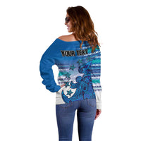 Personalised Cook Islands Va'a Race Off Shoulder Sweater Te Tatau Tattoos Sporty Style Light Blue Color - Polynesian Pride
