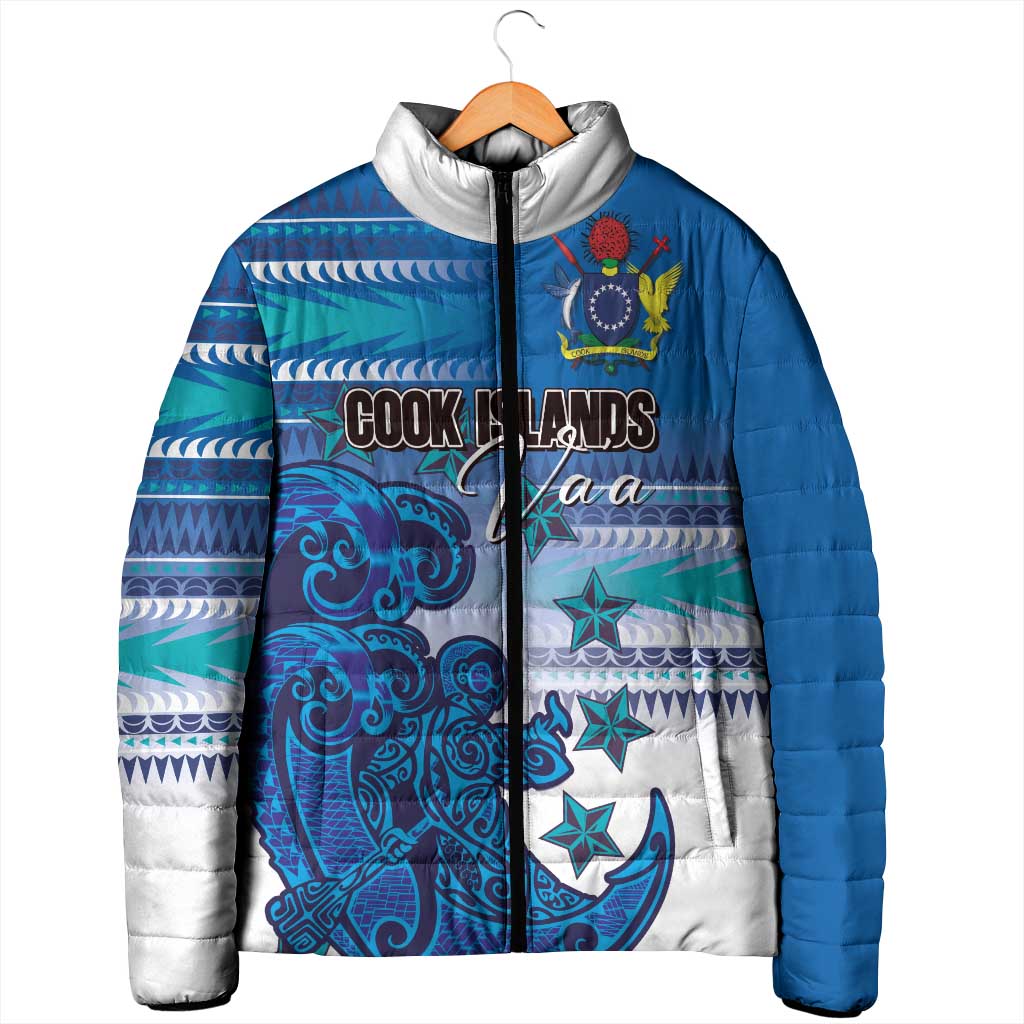 Personalised Cook Islands Va'a Race Padded Jacket Te Tatau Tattoos Sporty Style Light Blue Color - Polynesian Pride
