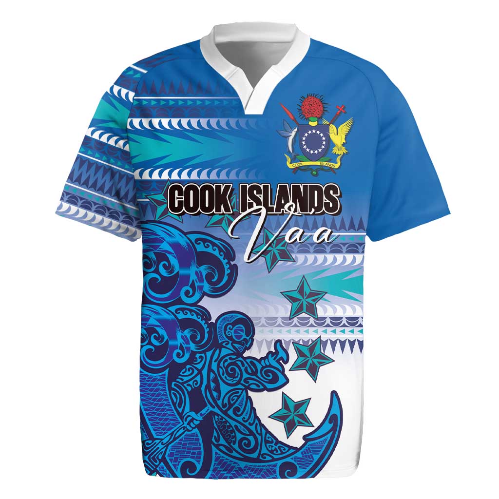 Personalised Cook Islands Va'a Race Rugby Jersey Te Tatau Tattoos Sporty Style Light Blue Color - Polynesian Pride