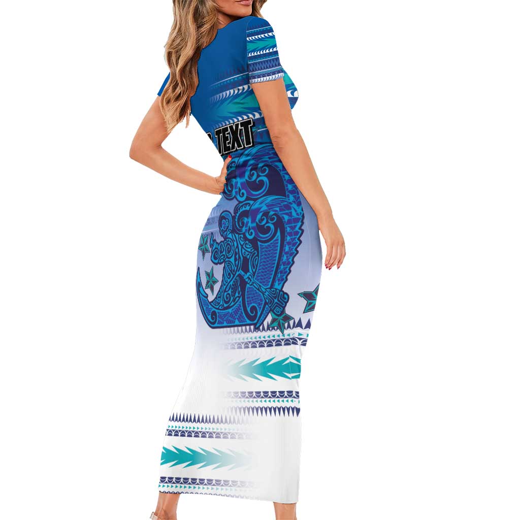 Personalised Cook Islands Va'a Race Short Sleeve Bodycon Dress Te Tatau Tattoos Sporty Style Light Blue Color - Polynesian Pride