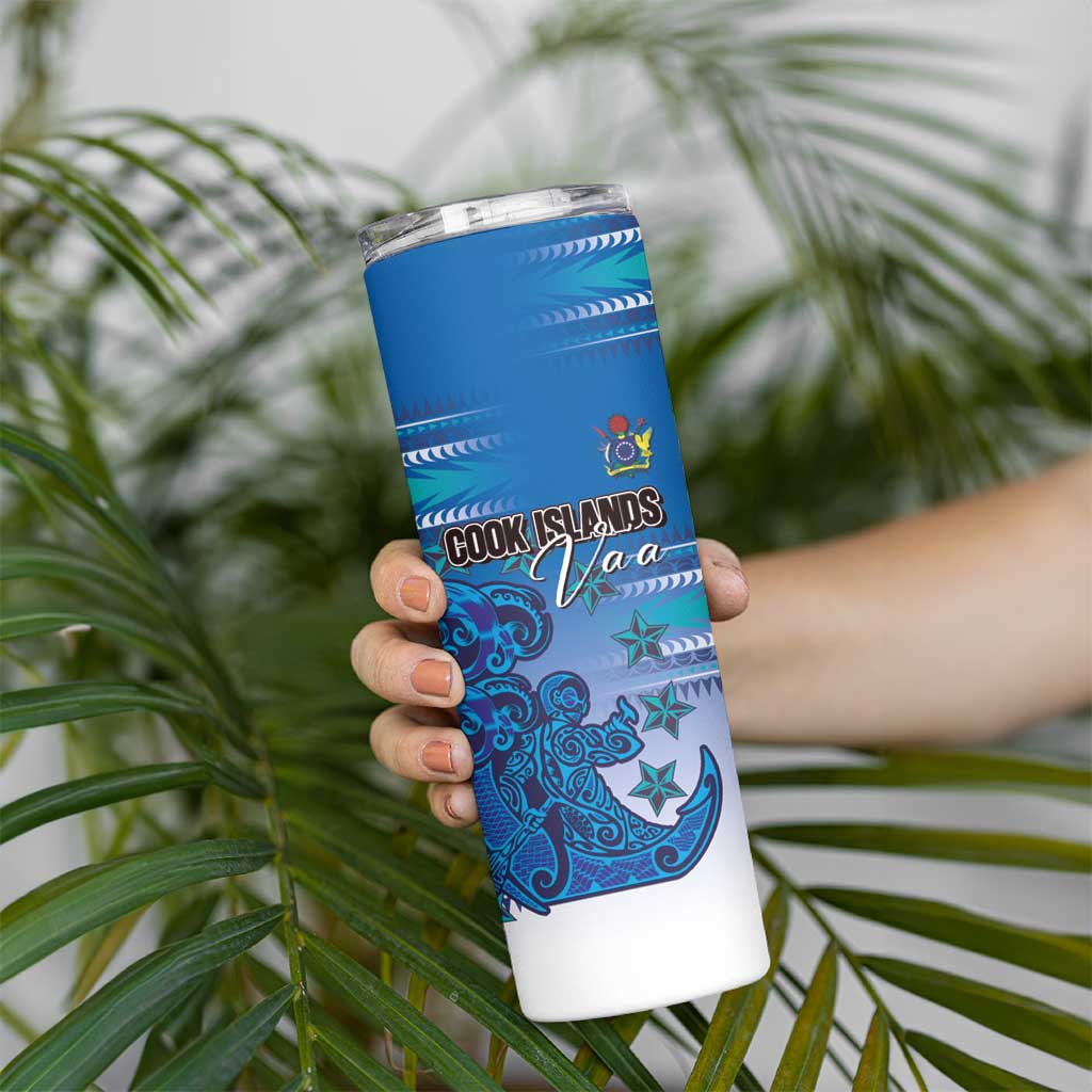 Personalised Cook Islands Va'a Race Skinny Tumbler Te Tatau Tattoos Sporty Style Light Blue Color - Polynesian Pride