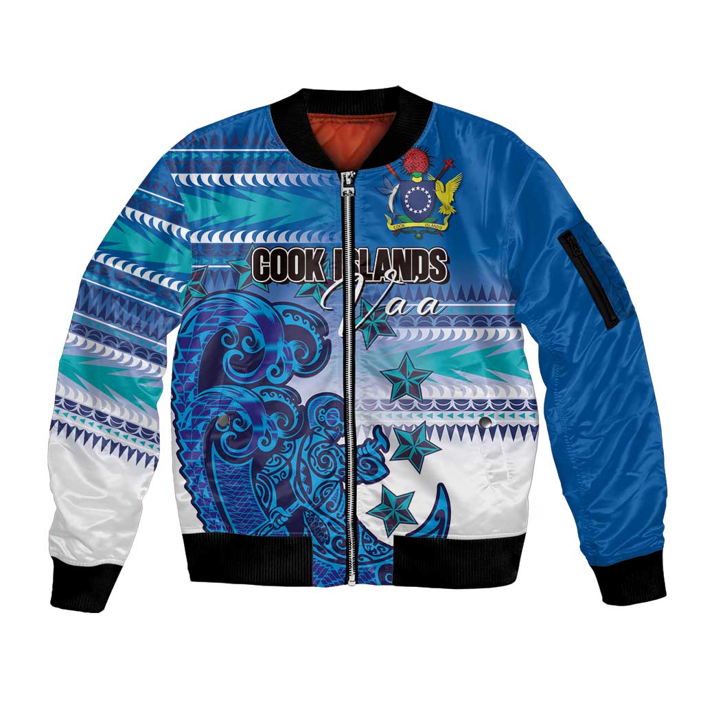 Personalised Cook Islands Va'a Race Sleeve Zip Bomber Jacket Te Tatau Tattoos Sporty Style Light Blue Color - Polynesian Pride