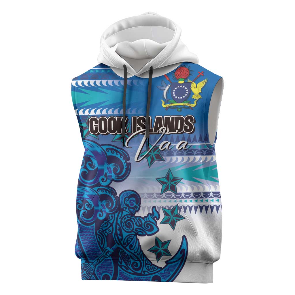 Personalised Cook Islands Va'a Race Sleeveless Hoodie Te Tatau Tattoos Sporty Style Light Blue Color - Polynesian Pride