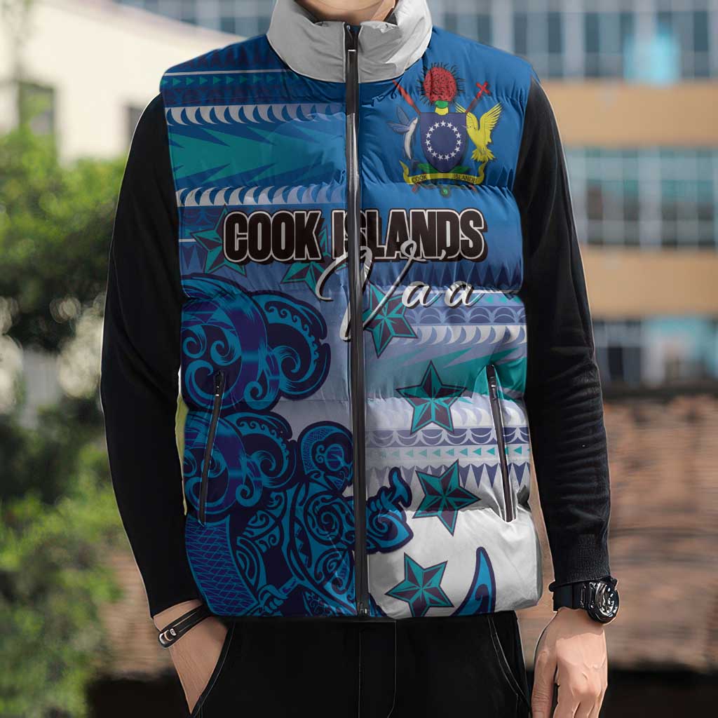 Personalised Cook Islands Va'a Race Sleeveless Puffer Jacket Te Tatau Tattoos Sporty Style Light Blue Color - Polynesian Pride