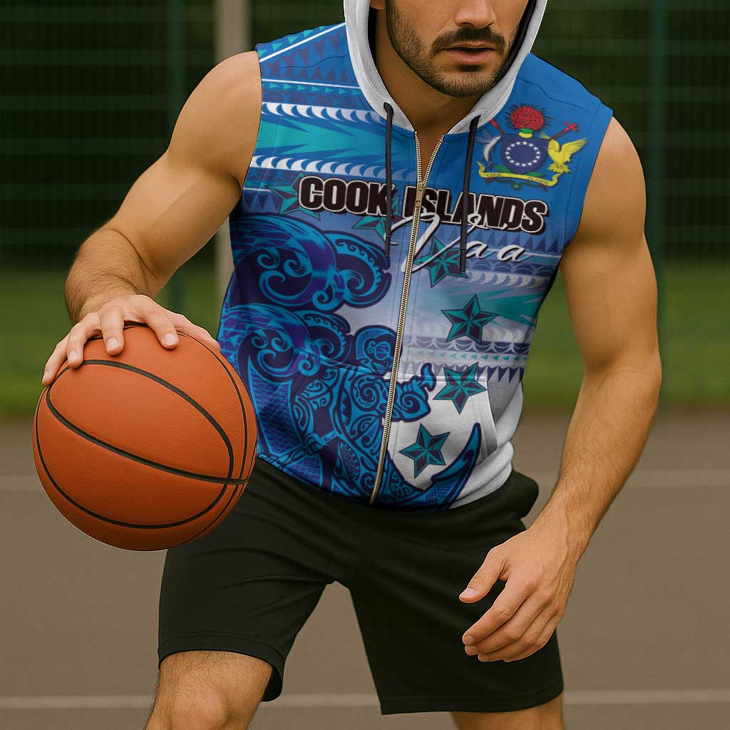 Personalised Cook Islands Va'a Race Sleeveless Zip Hoodie Te Tatau Tattoos Sporty Style Light Blue Color - Polynesian Pride