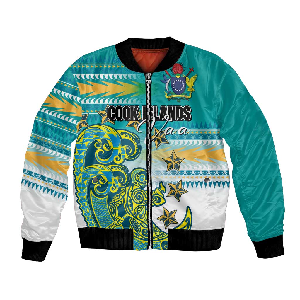 Personalised Cook Islands Va'a Race Bomber Jacket Te Tatau Tattoos Sporty Style Turquoise Color - Polynesian Pride