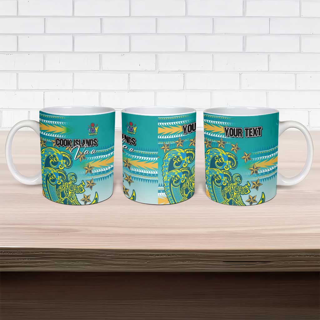 Personalised Cook Islands Va'a Race Ceramic Mug Te Tatau Tattoos Sporty Style Turquoise Color - Polynesian Pride
