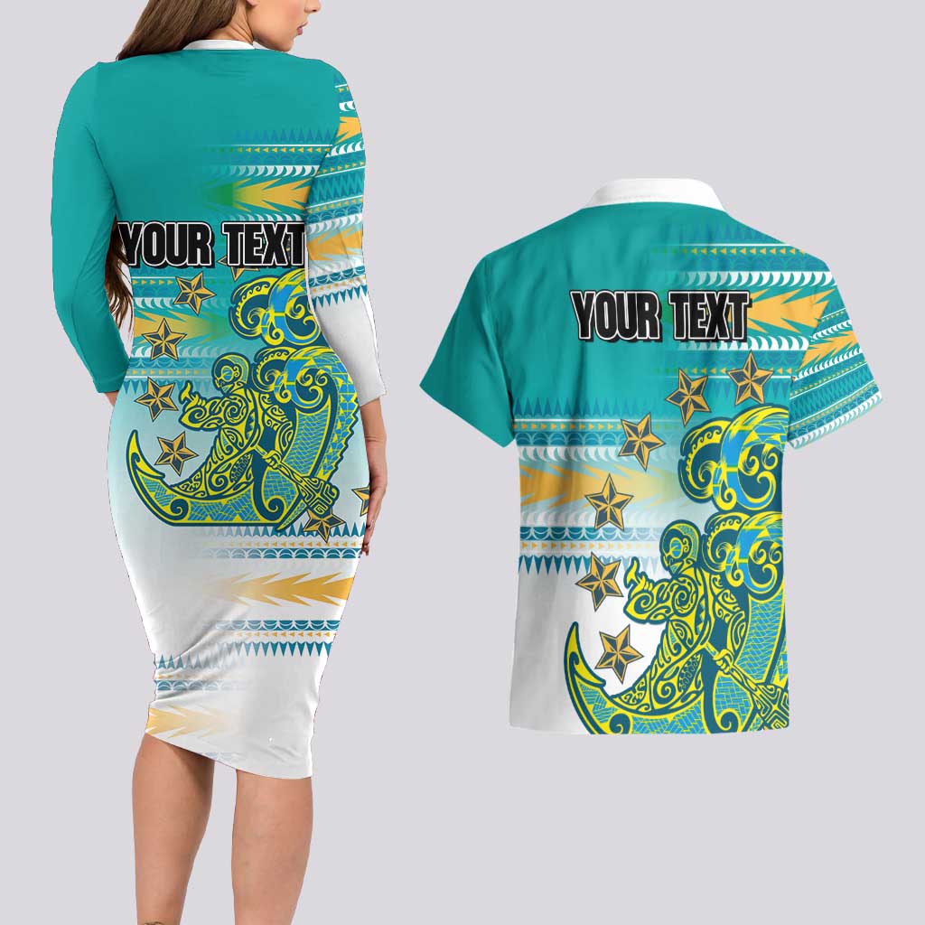 Personalised Cook Islands Va'a Race Couples Matching Long Sleeve Bodycon Dress and Hawaiian Shirt Te Tatau Tattoos Sporty Style Turquoise Color - Polynesian Pride