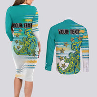 Personalised Cook Islands Va'a Race Couples Matching Long Sleeve Bodycon Dress and Long Sleeve Button Shirt Te Tatau Tattoos Sporty Style Turquoise Color - Polynesian Pride