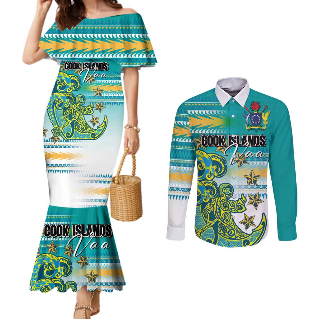 Personalised Cook Islands Va'a Race Couples Matching Mermaid Dress and Long Sleeve Button Shirt Te Tatau Tattoos Sporty Style Turquoise Color - Polynesian Pride