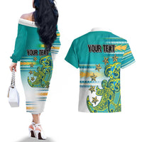Personalised Cook Islands Va'a Race Couples Matching Off The Shoulder Long Sleeve Dress and Hawaiian Shirt Te Tatau Tattoos Sporty Style Turquoise Color - Polynesian Pride