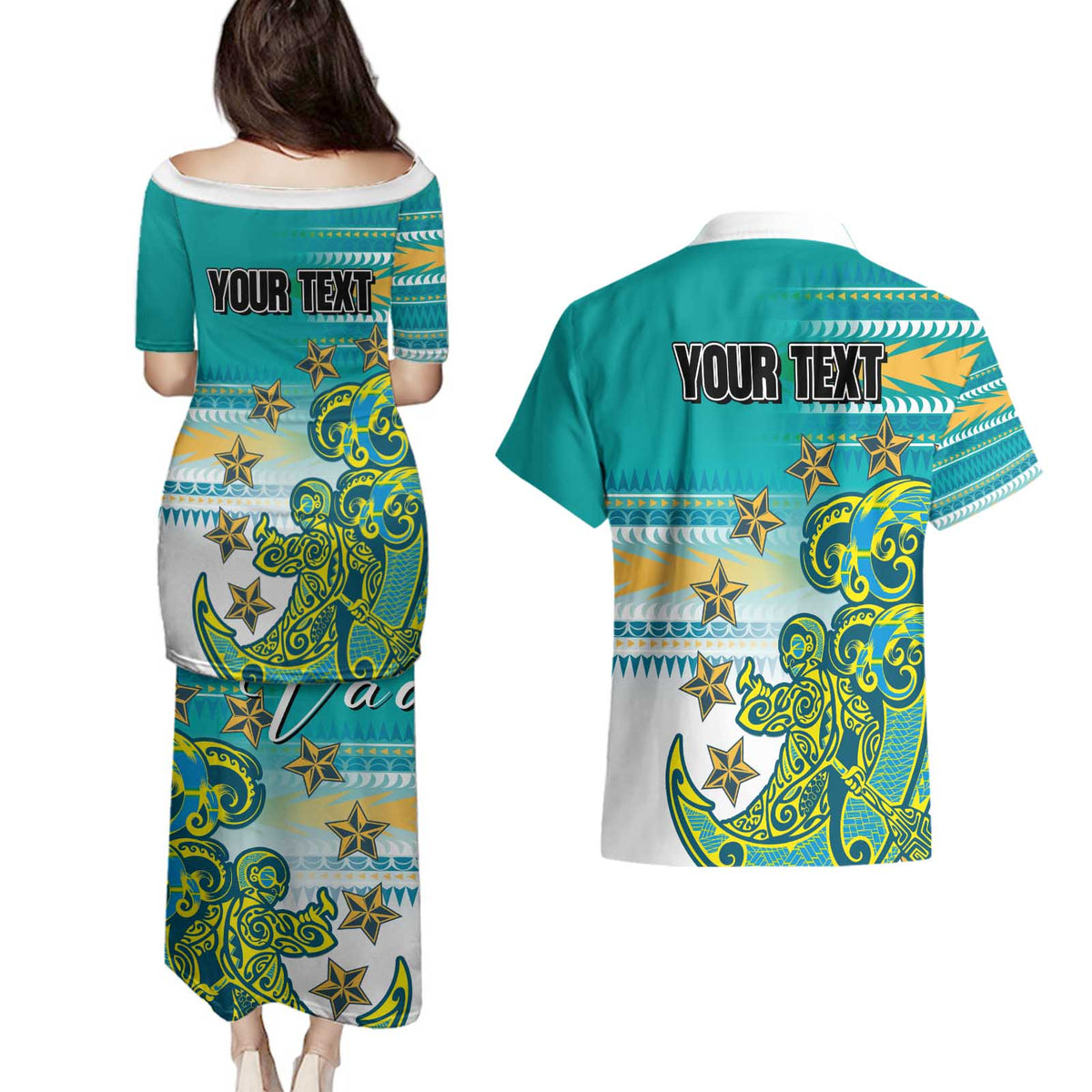 Personalised Cook Islands Va'a Race Couples Matching Puletasi and Hawaiian Shirt Te Tatau Tattoos Sporty Style Turquoise Color - Polynesian Pride