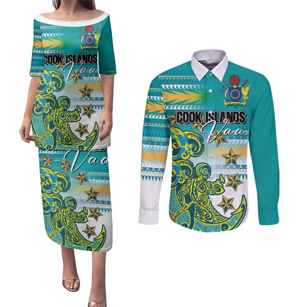 Personalised Cook Islands Va'a Race Couples Matching Puletasi and Long Sleeve Button Shirt Te Tatau Tattoos Sporty Style Turquoise Color - Polynesian Pride
