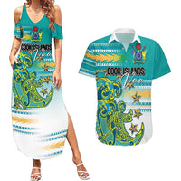 Personalised Cook Islands Va'a Race Couples Matching Summer Maxi Dress and Hawaiian Shirt Te Tatau Tattoos Sporty Style Turquoise Color - Polynesian Pride