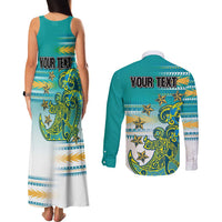 Personalised Cook Islands Va'a Race Couples Matching Tank Maxi Dress and Long Sleeve Button Shirt Te Tatau Tattoos Sporty Style Turquoise Color - Polynesian Pride