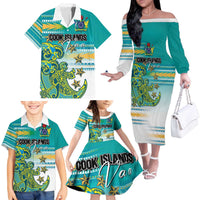 Personalised Cook Islands Va'a Race Family Matching Off The Shoulder Long Sleeve Dress and Hawaiian Shirt Te Tatau Tattoos Sporty Style Turquoise Color - Polynesian Pride
