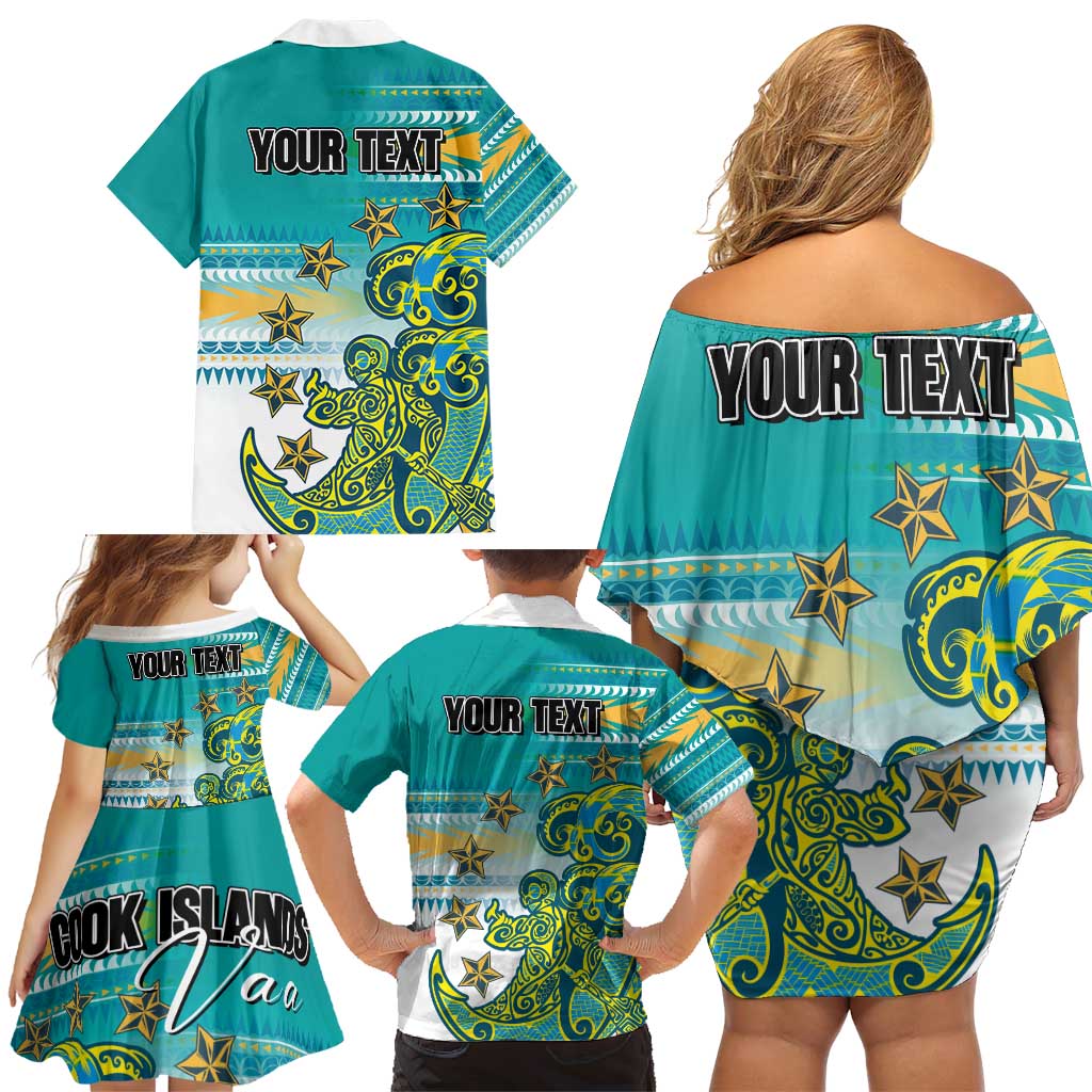 Personalised Cook Islands Va'a Race Family Matching Off Shoulder Short Dress and Hawaiian Shirt Te Tatau Tattoos Sporty Style Turquoise Color - Polynesian Pride