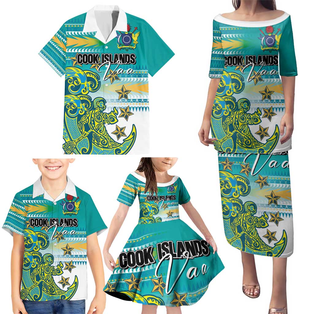 Personalised Cook Islands Va'a Race Family Matching Puletasi and Hawaiian Shirt Te Tatau Tattoos Sporty Style Turquoise Color - Polynesian Pride