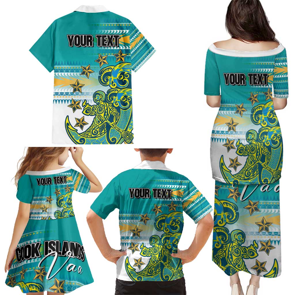 Personalised Cook Islands Va'a Race Family Matching Puletasi and Hawaiian Shirt Te Tatau Tattoos Sporty Style Turquoise Color - Polynesian Pride