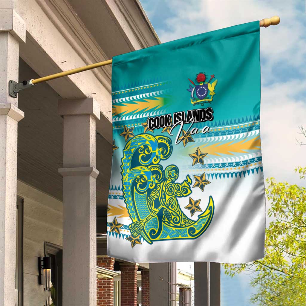 Cook Islands Va'a Race Garden Flag Te Tatau Tattoos Sporty Style Turquoise Color - Polynesian Pride